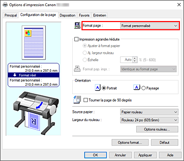 figure : Sélectionnez Personnalisé pour Format page dans l'onglet Configuration de la page.