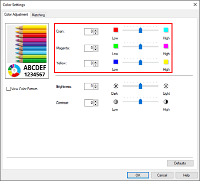 figura:Proporção de cores na caixa de diálogo Ajuste de cores
