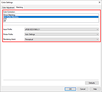 figure:Select ICC Profile Matching for Color Correction in the Color Adjustment dialog box