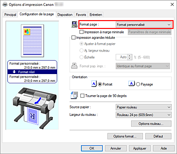 figure&nbsp;: Sélectionnez Personnalisé pour Format page dans l'onglet Configuration de la page.
