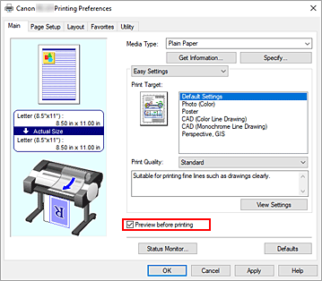 figure:Preview before printing check box on the Main tab
