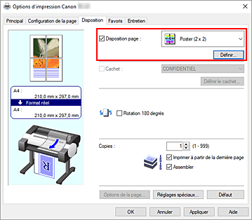 Figure : sélectionnez la mise en page Poster (1 x 2) ou Poster (2 x 2) dans l'onglet Configuration de la page