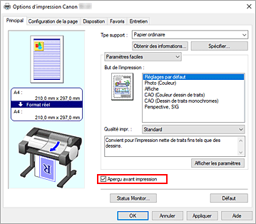 figure&nbsp;: Case à cocher Aperçu avant impression dans l'onglet Principal
