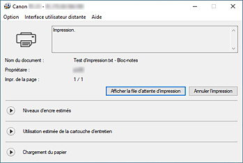 figure&nbsp;: Écran d'état d'imprimante Canon IJ