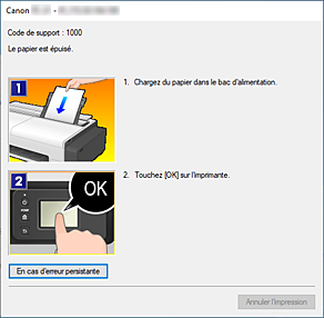 figure&nbsp;: Écran d'état d'imprimante Canon IJ-Affichage d'une erreur