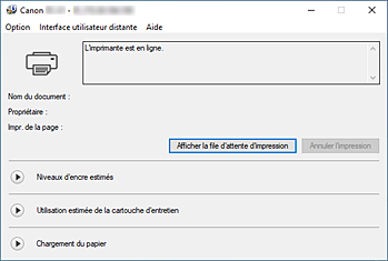 figure&nbsp;: Écran d'état d'imprimante Canon IJ