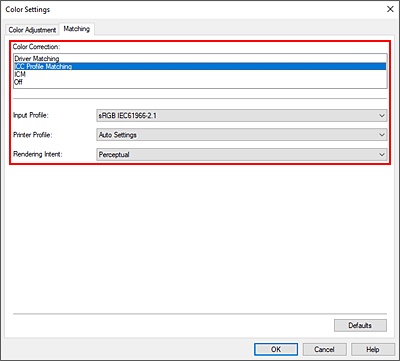 figure:Select ICC Profile Matching for Color Correction in the Color Adjustment dialog box