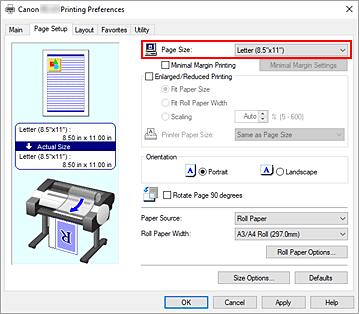 figure:Page Size on the Page Setup tab