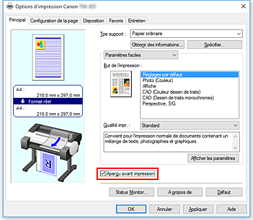 figure&nbsp;: Case à cocher Aperçu avant impression dans l'onglet Principal