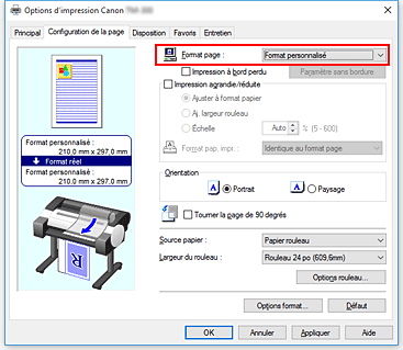 figure&nbsp;: Sélectionnez Personnalisé pour Format page dans l'onglet Configuration de la page.