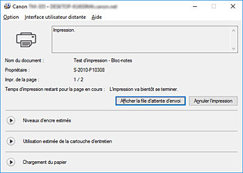 figure&nbsp;: Écran d'état d'imprimante Canon IJ