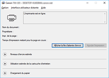 figure&nbsp;: Écran d'état d'imprimante Canon IJ