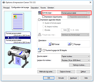 figure&nbsp;: Sélectionnez Personnalisé pour Format page dans l'onglet Configuration de la page.