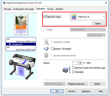 Figure : sélectionnez la mise en page Poster (1 x 2) ou Poster (2 x 2) dans l'onglet Configuration de la page