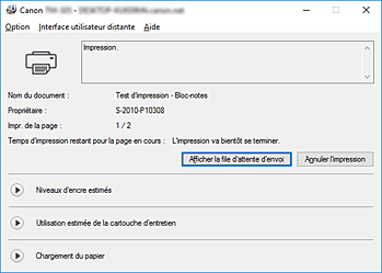 figure : Écran d'état d'imprimante Canon IJ