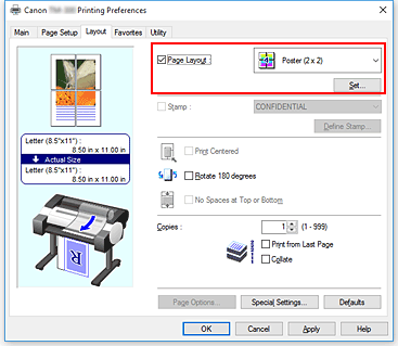 figura:Selecione Pôster (1 x 2) ou Pôster (2 x 2) para Layout da Página na guia Configurar Página