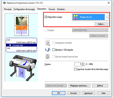 Figure : sélectionnez la mise en page Poster (1 x 2) ou Poster (2 x 2) dans l'onglet Configuration de la page