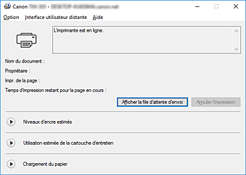 figure : Écran d'état d'imprimante Canon IJ