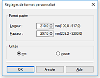 figure : Boîte de dialogue Taille personnalisée