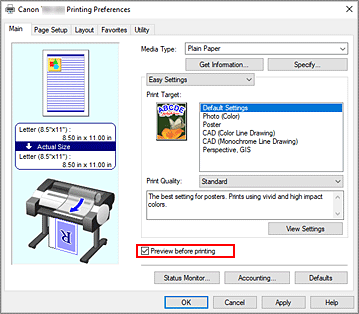 Abbildung: Kontrollkästchen "Vorschau vor dem Druckvorgang" auf der Registerkarte "Optionen"