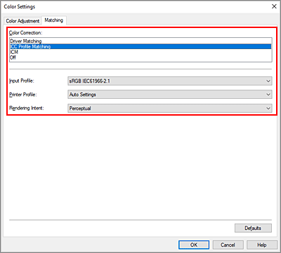 figure:Select ICC Profile Matching for Color Correction in the Color Adjustment dialog box