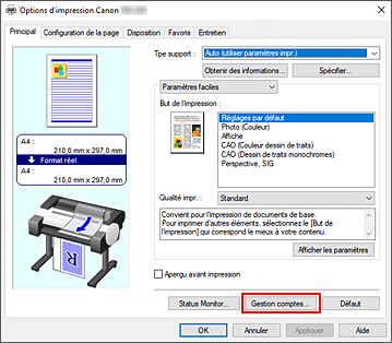 figure : Sélection de Gestion des comptes... dans l'onglet Principal