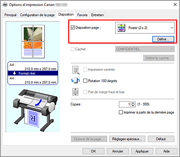 Figure : sélectionnez la mise en page Poster (1 x 2) ou Poster (2 x 2) dans l'onglet Configuration de la page