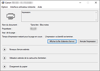 figure&nbsp;: Écran d'état d'imprimante Canon IJ