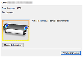 figure&nbsp;: Écran d'état d'imprimante Canon IJ-Affichage d'une erreur