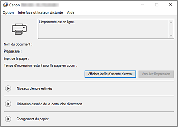 figure&nbsp;: Écran d'état d'imprimante Canon IJ