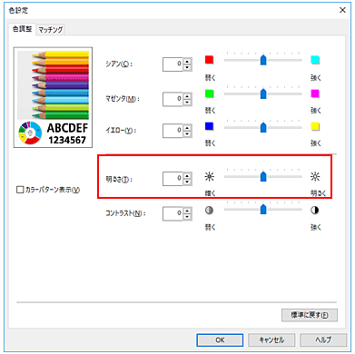 図：［マニュアル色調整］ダイアログボックスの［明るさ］