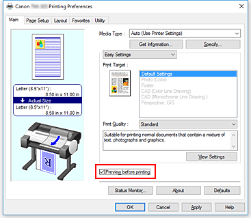 figure:Preview before printing check box on the Main tab