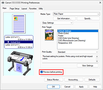 figure:Preview before printing check box on the Main tab