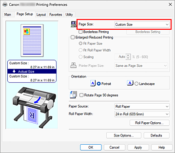 figure:Select Custom for Page Size on the Page Setup tab