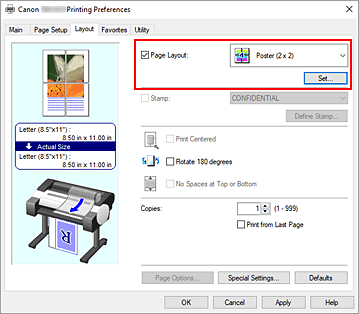 figure:Select Poster (1 x 2) or Poster (2 x 2) for Page Layout on the Page Setup tab