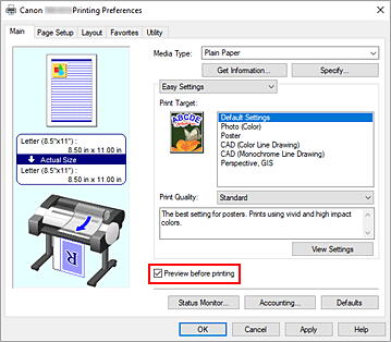 figure:Preview before printing check box on the Main tab