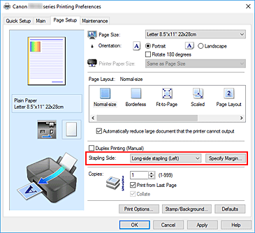 الشكل: جانب التدبيس في علامة التبويب إعداد الصفحة