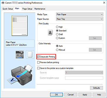 фигура: Квадратче за отметка &bdquo;Grayscale Printing&rdquo; в раздела &bdquo;Main&rdquo;