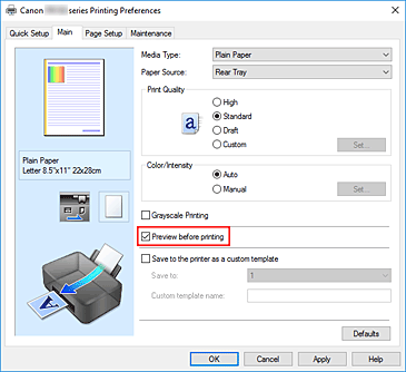 фигура: Квадратче за отметка &bdquo;Preview before printing&rdquo; в раздела &bdquo;Main&rdquo;