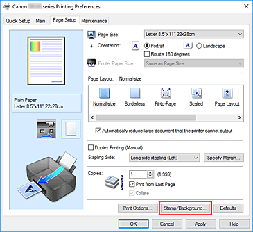 фигура: &bdquo;Stamp/Background...&rdquo; в раздела &bdquo;Page Setup&rdquo;