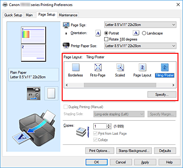 figure:Select Tiling/Poster for Page Layout on the Page Setup tab