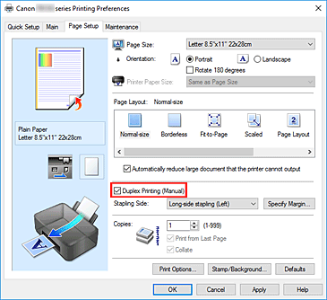 Imagen: casilla de verificación Impresión a doble cara (Manual) de la ficha Configurar página