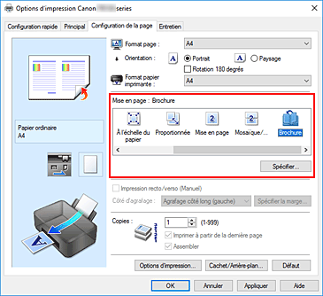 figure : Sélectionnez Brochure comme Mise en page dans l'onglet Configuration de la page.