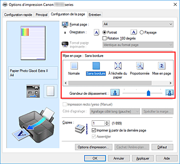 figure : Sélectionnez Sans bordure comme Mise en page dans l'onglet Configuration de la page.