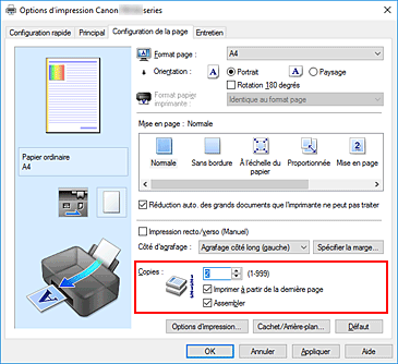 figure : Copies dans l'onglet Configuration de la page