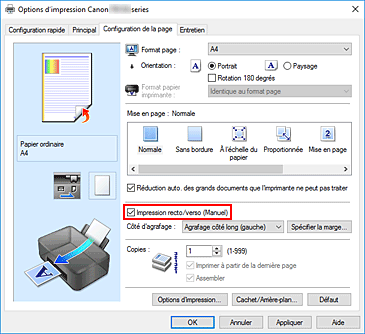 figure : Case à cocher Impression recto/verso (Manuel) dans l'onglet Configuration de la page