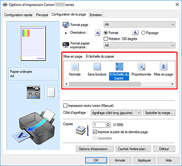 figure : Sélectionnez À l'échelle du papier comme Mise en page dans l'onglet Configuration de la page.