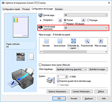 figure : Format papier imprimante dans l'onglet Configuration de la page