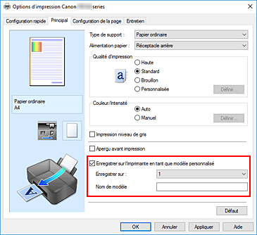 figure : Cochez Enregistrer sur l'imprimante en tant que modèle personnalisé dans la feuille Principal