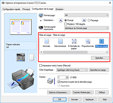 figure : Sélectionnez Mise en page comme Mise en page dans l'onglet Configuration de la page